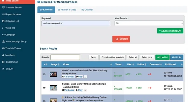TubeAim Dashboard Search