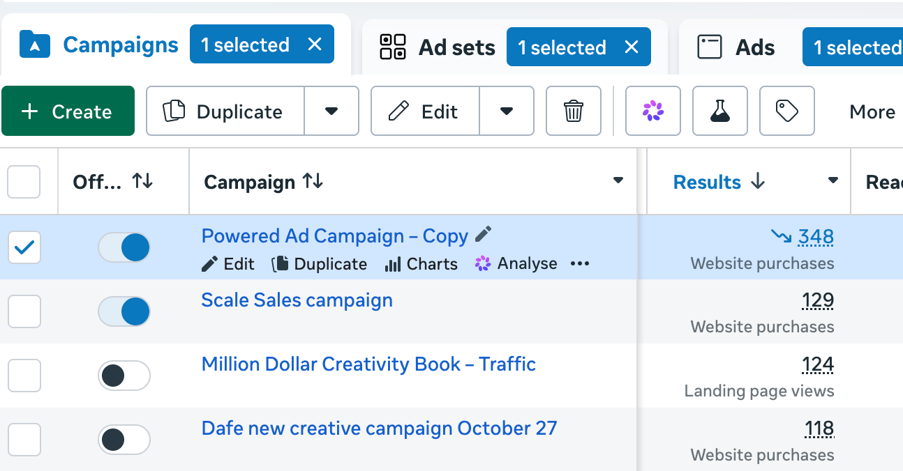 Meta Ads Manager screenshot showing 348 website purchases.