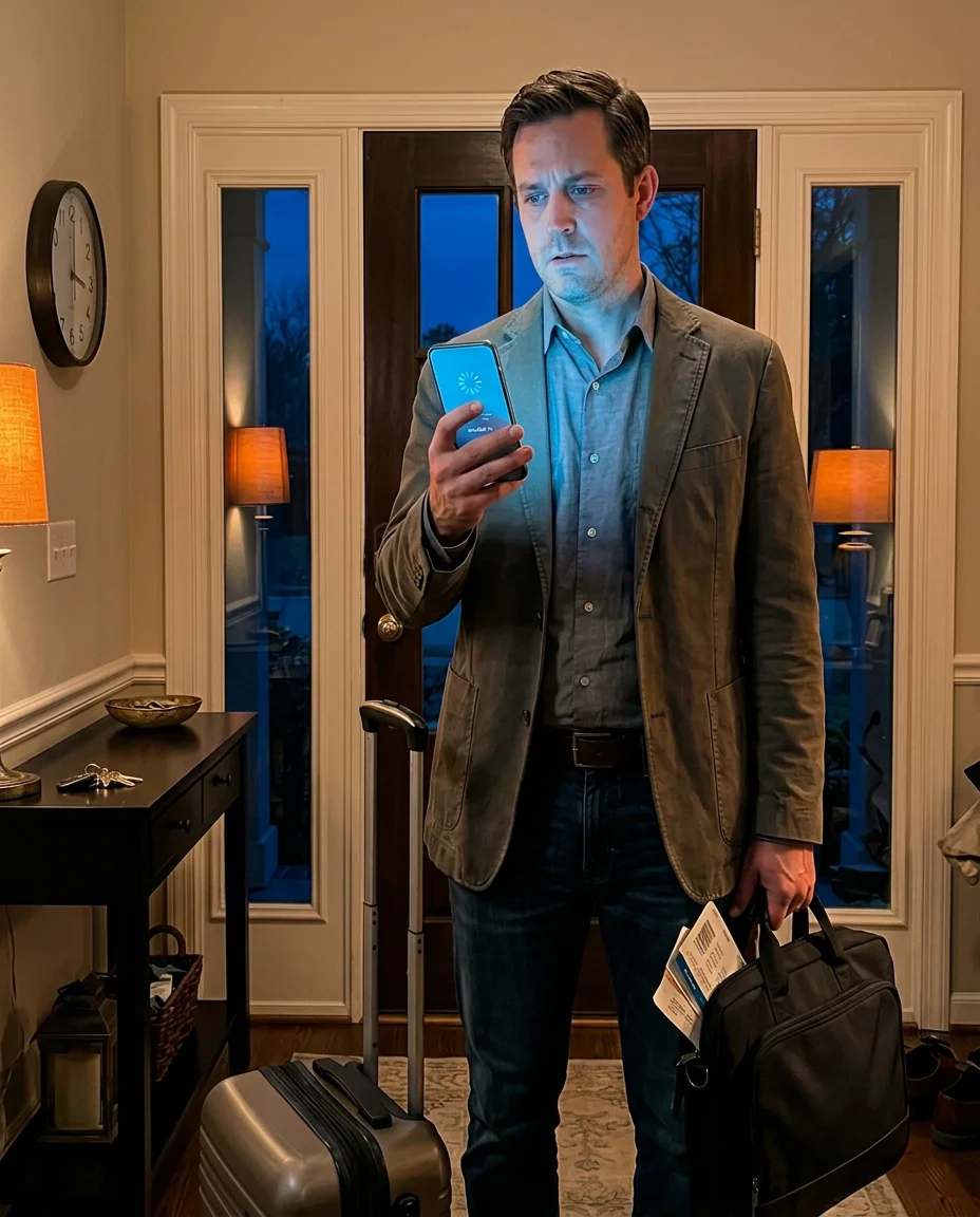 Early-morning airport traveler arriving with luggage for a flight from DFW International Airport