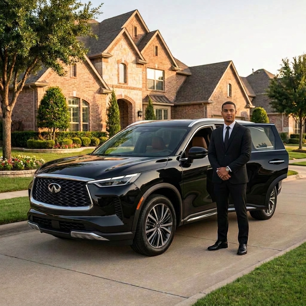 Professional chauffeur beside a black Infiniti SUV outside a home for a pre-arranged North Dallas airport ride.
