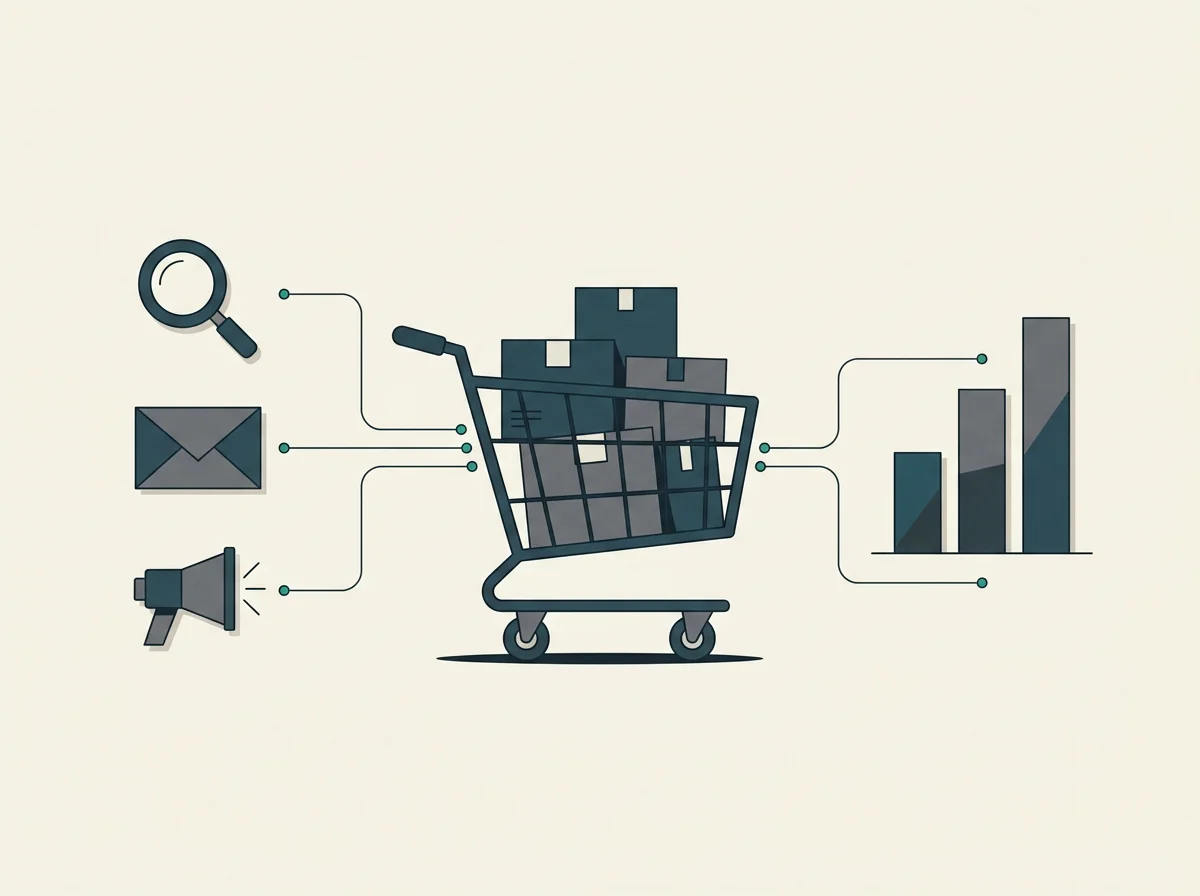 Shopify ecommerce shopping cart connected to marketing channels and an order-revenue chart, illustrating the relationship between purchases, advertising spend, customer value and profitability decisions.