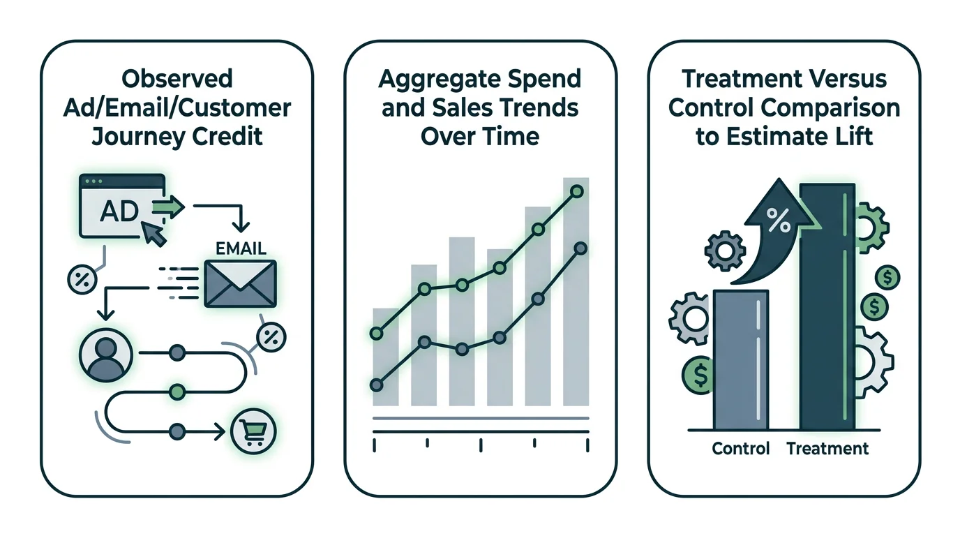 Comparison diagram of multi-touch attribution, marketing mix modeling, and incrementality testing.