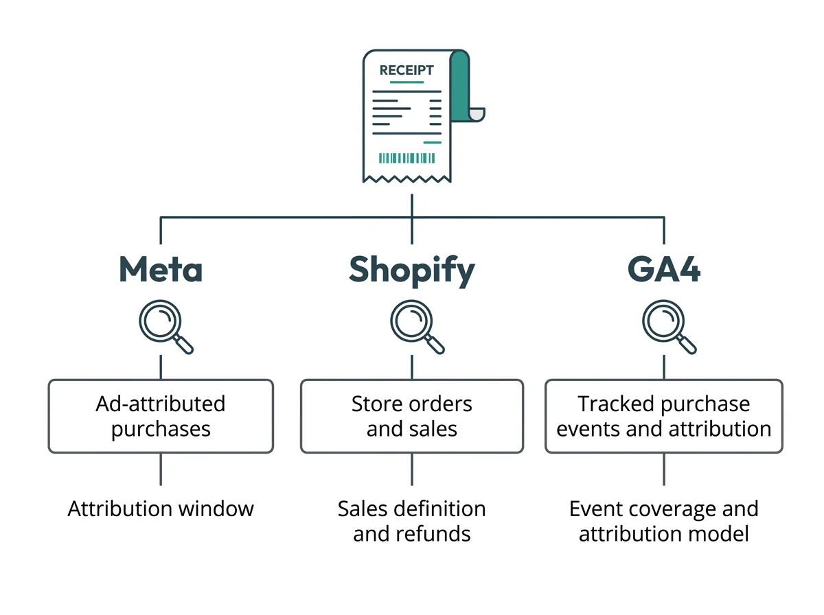 One ecommerce order viewed through Meta ad attribution, Shopify store sales, and GA4 ecommerce measurement