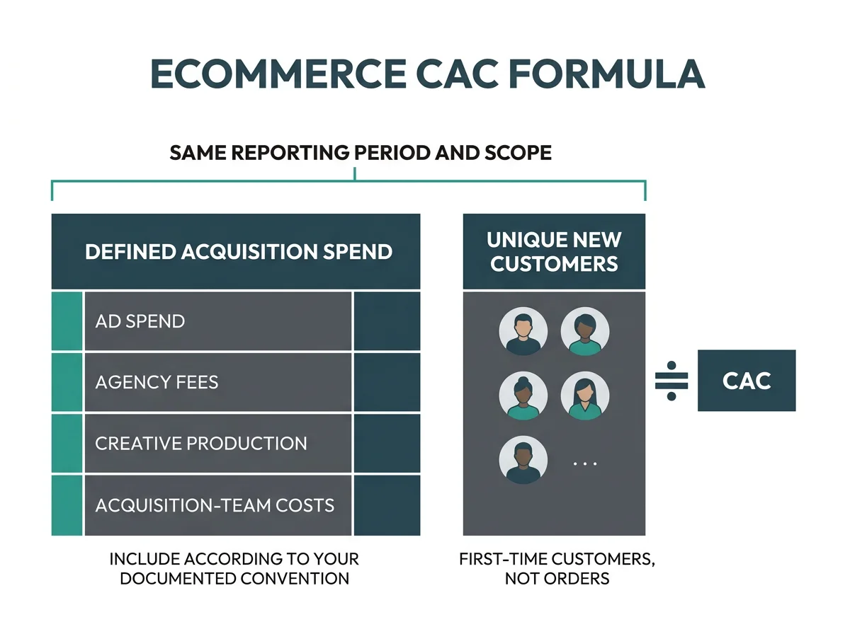 Acquisition-cost ledger divided by a deduplicated count of new customers