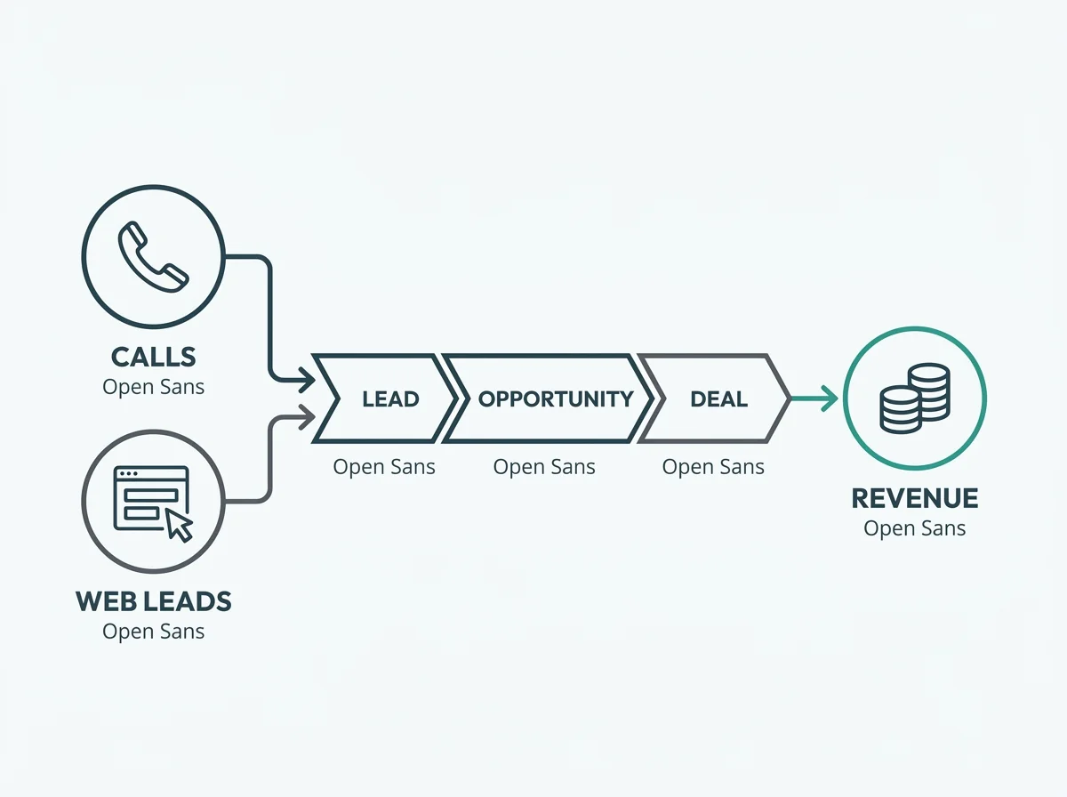 Conceptual diagram of phone and website enquiry capture, contact identity and opportunity matching, and CRM revenue outcomes; matching depends on available identifiers and maintained records.