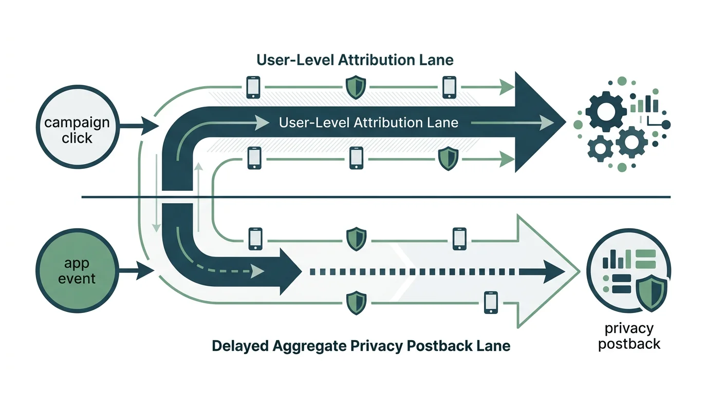 Mobile measurement diagram separating individual app event attribution from aggregate privacy postbacks.