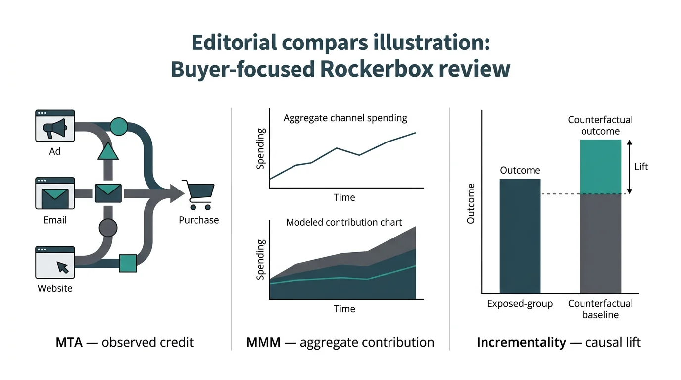 Editorial diagram comparing observed attribution credit, aggregate trend analysis, and incrementality testing.
