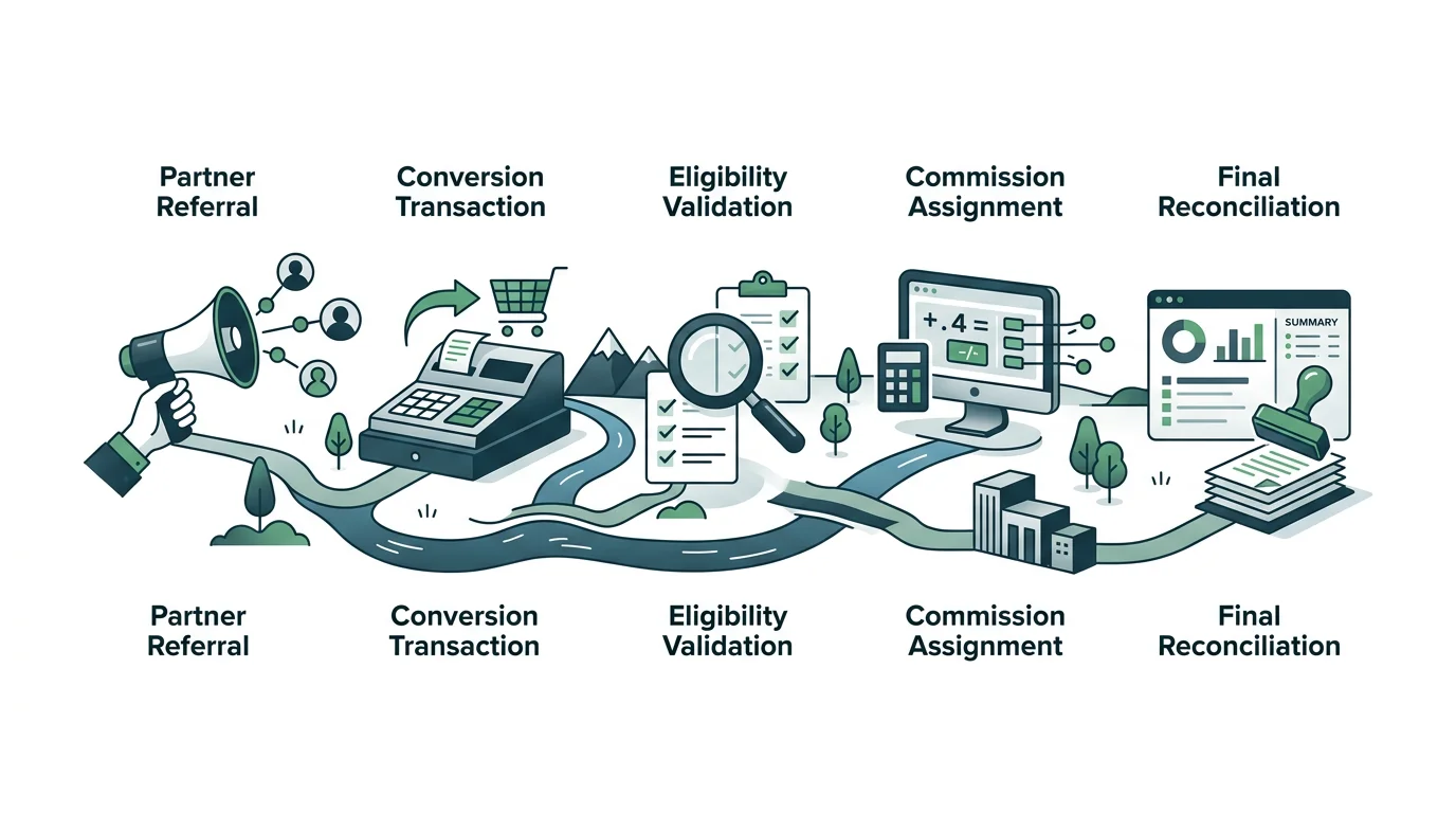 Affiliate and partner conversion validation and commission reconciliation diagram.