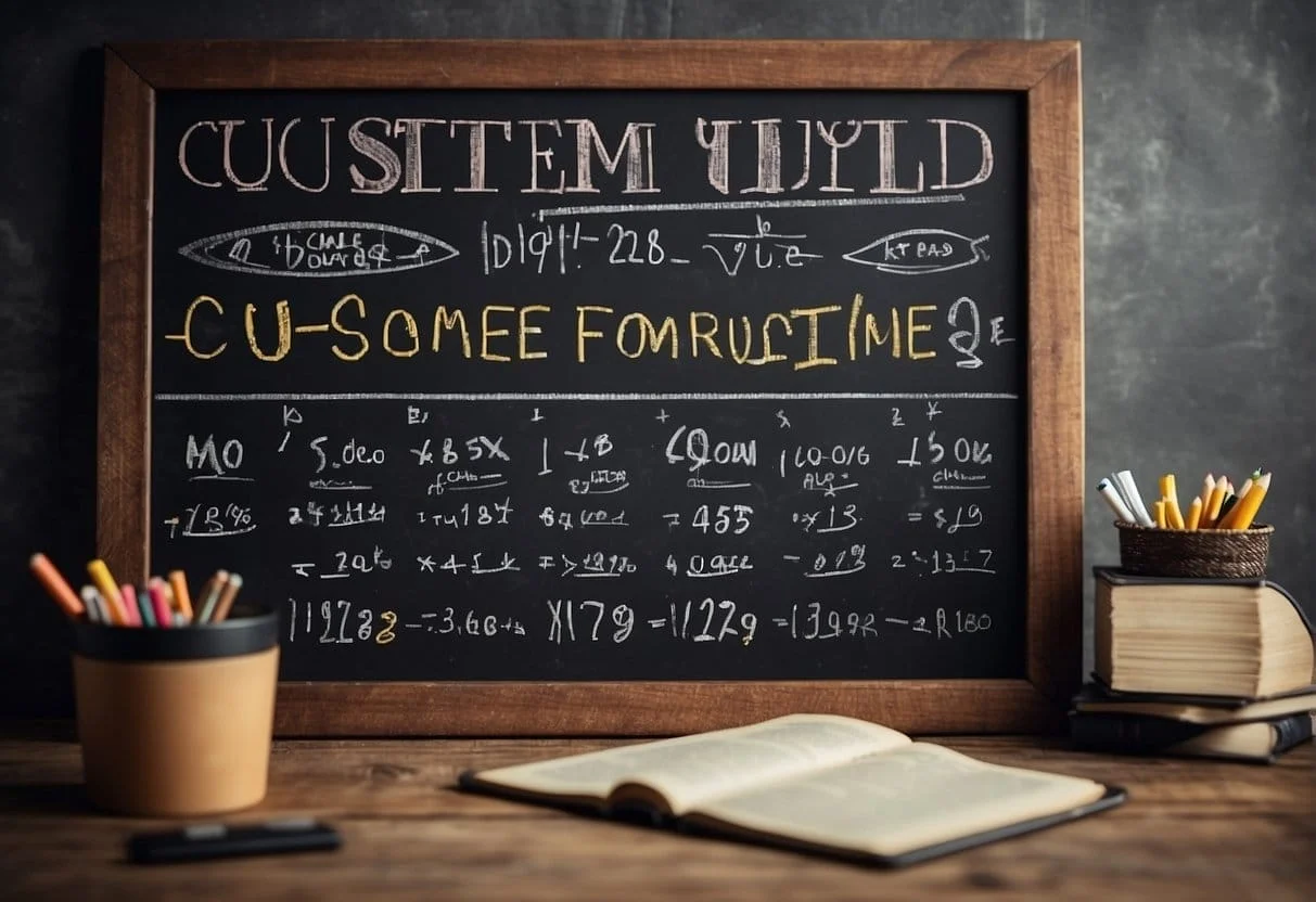 A chalkboard with the customer lifetime value formula written in bold letters, surrounded by graphs and data points