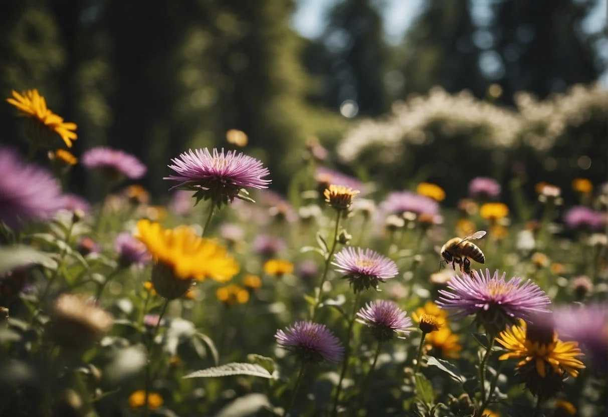 A vibrant garden with colorful flowers and buzzing bees, surrounded by tall trees and a gentle breeze