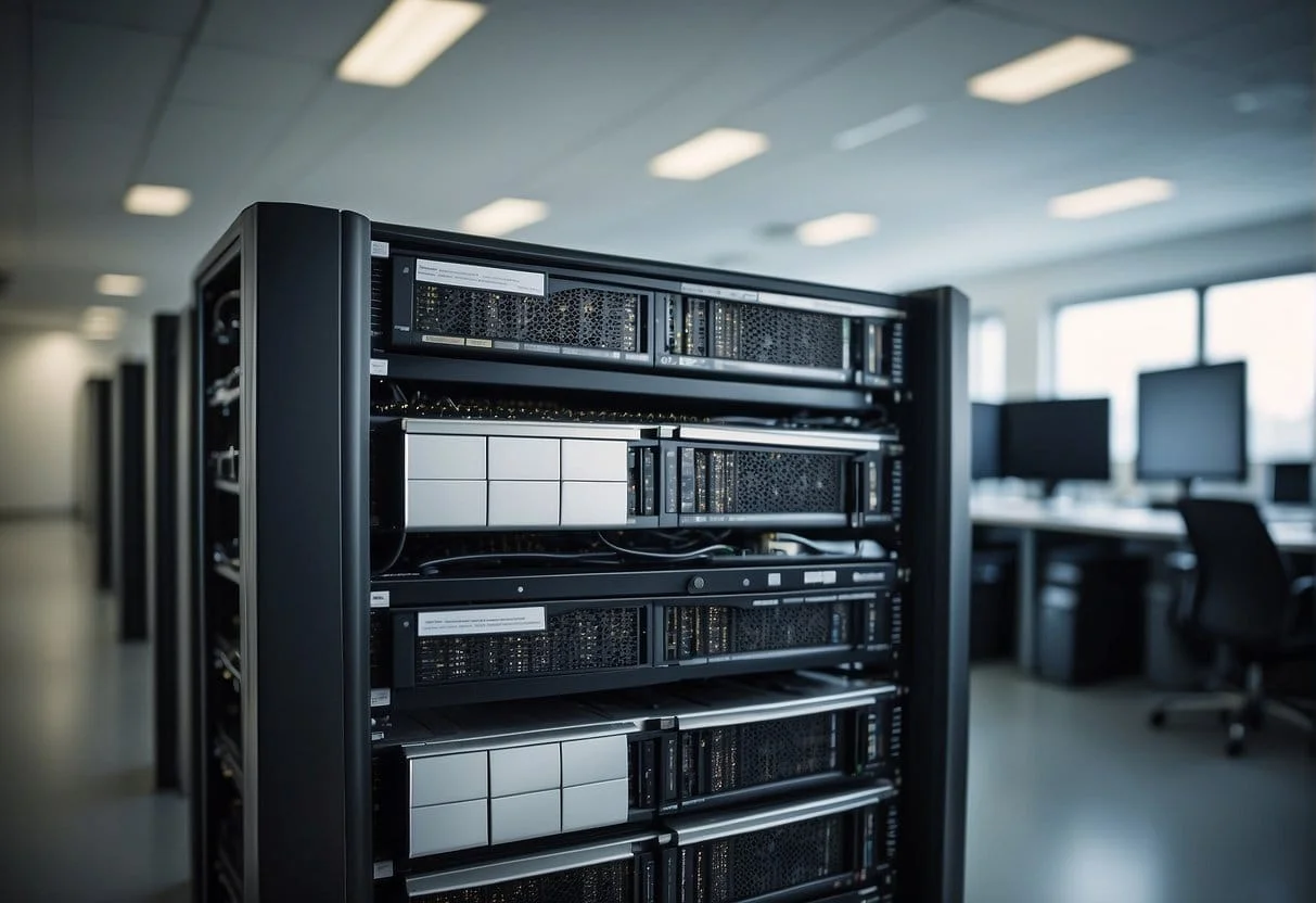 A modern office with computer servers, data cables, and storage racks, all organized and labeled, representing a marketing data warehouse