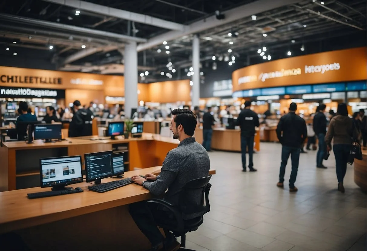 A bustling online marketplace with clear navigation, secure payment options, personalized product recommendations, and responsive customer service
