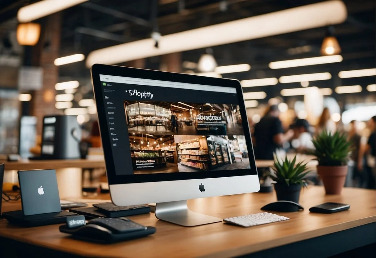 A bustling marketplace with two distinct sections: one showcasing Shopify Advanced features, the other highlighting Shopify Plus perks. Bright signs and lively activity abound