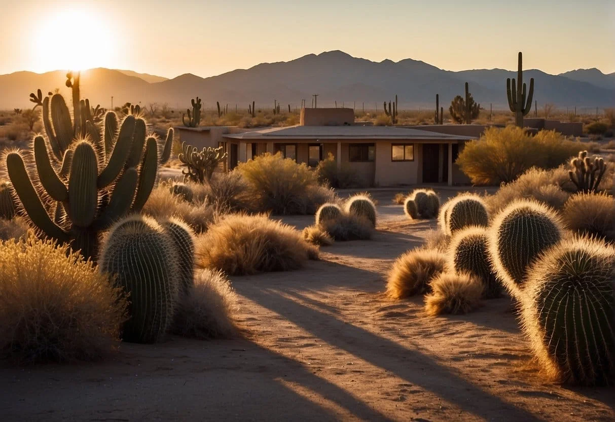 Sunset over adobe buildings, casting long shadows on dusty streets. Cacti and tumbleweeds dot the landscape, while a lone coyote howls in the distance