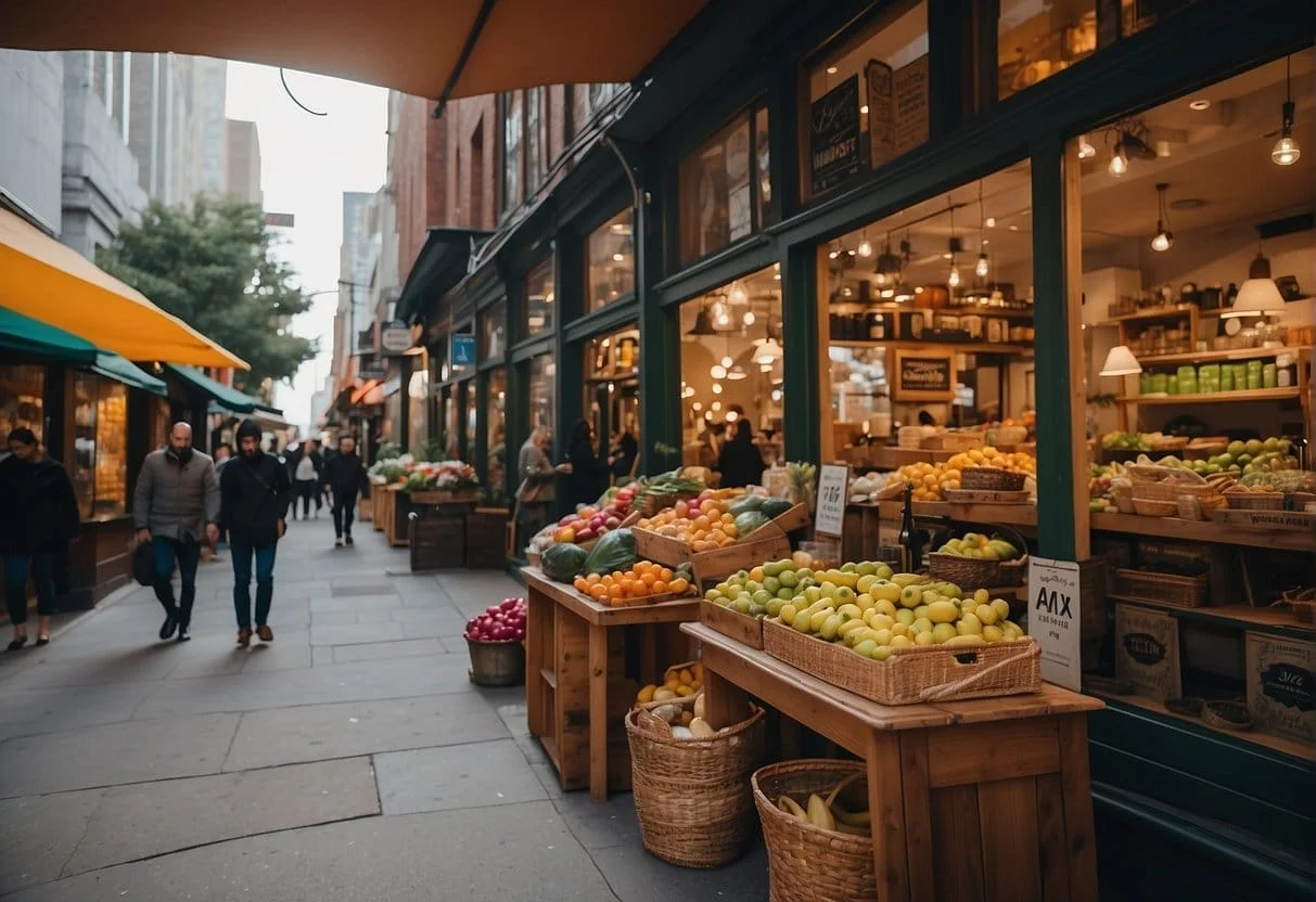 A bustling marketplace with two rival storefronts, one labeled Shopify and the other Wix, each vying for attention with vibrant colors and eye-catching displays
