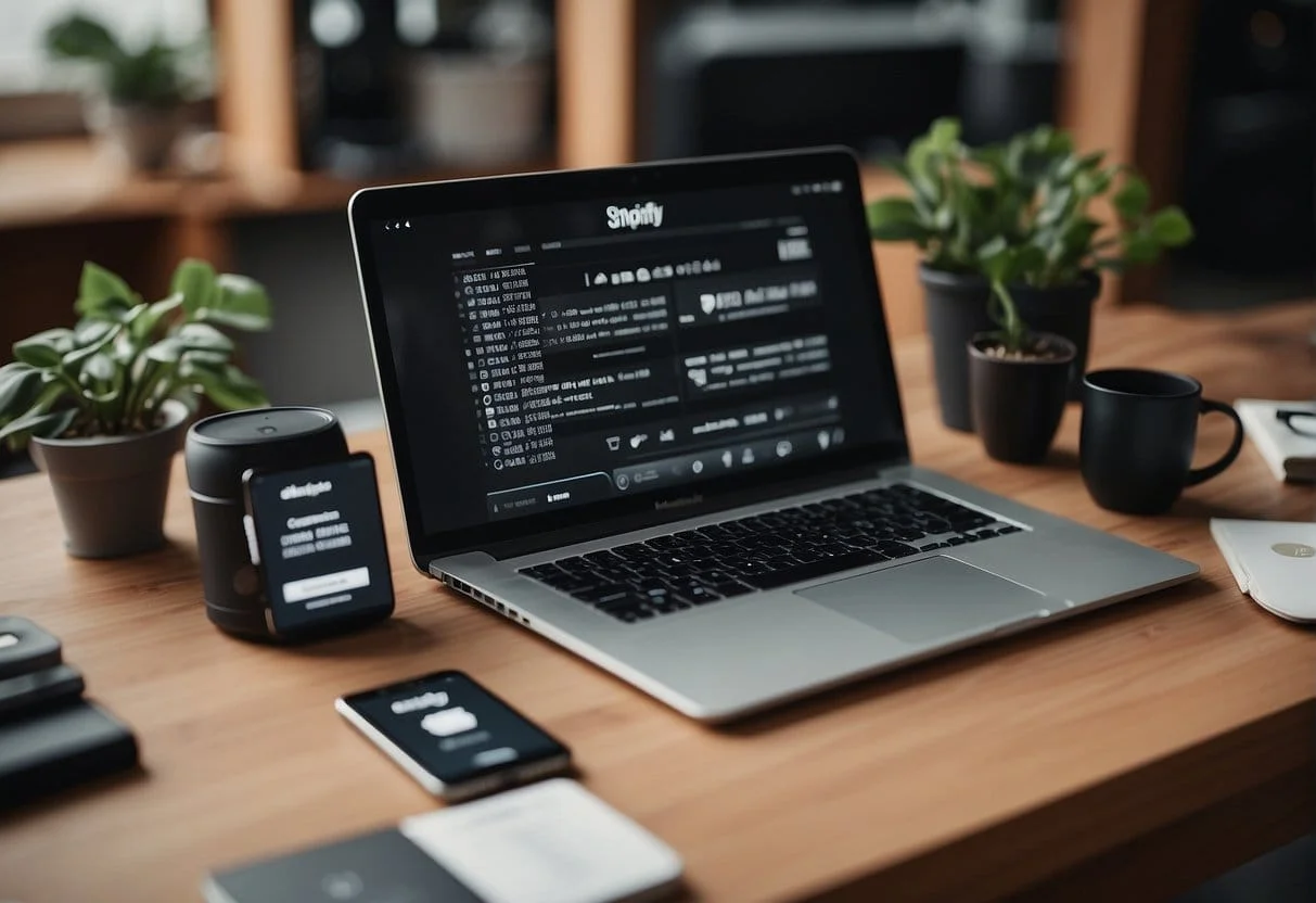 A computer with Squarespace and Shopify logos side by side, surrounded by various e-commerce products and payment icons