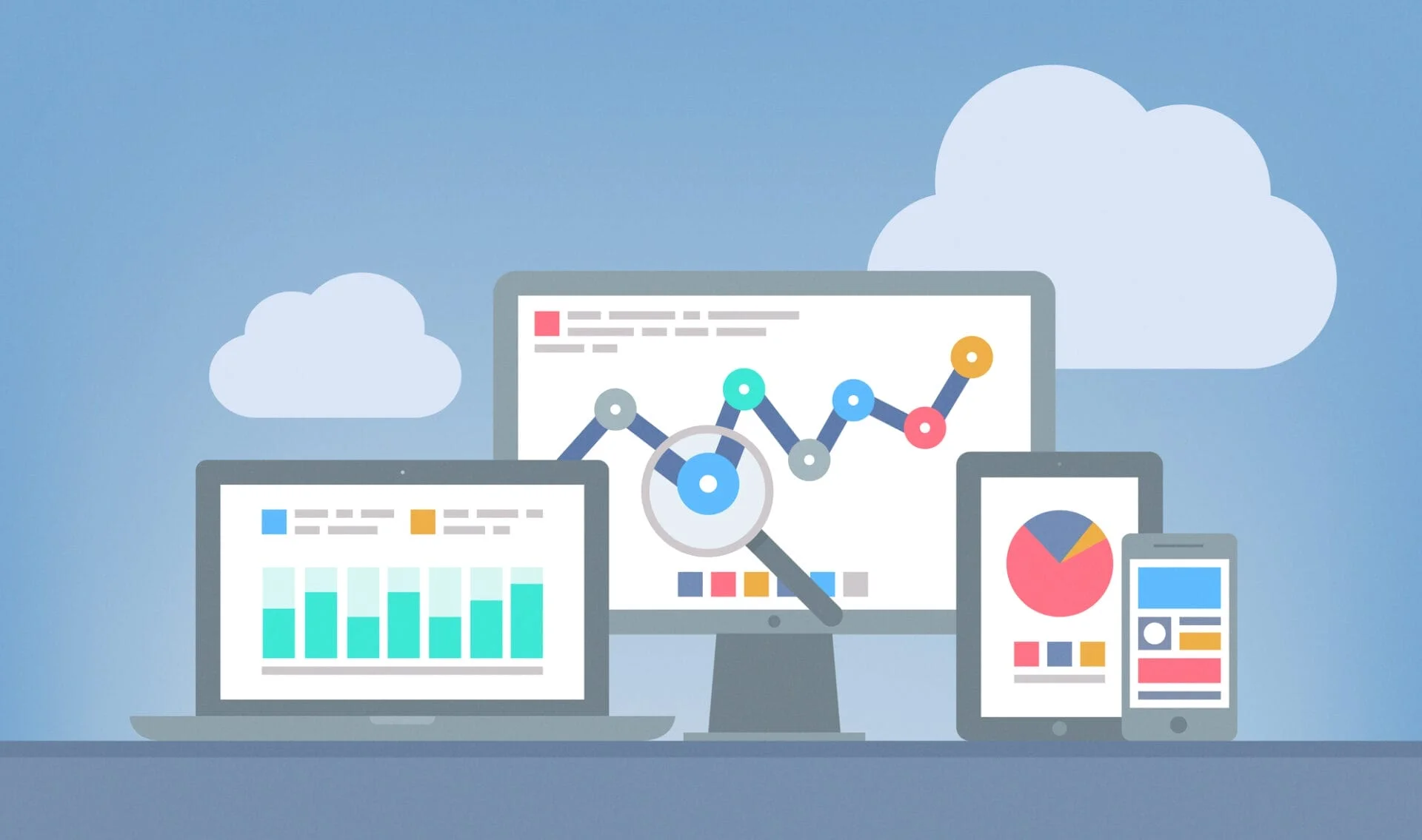 Flat design modern vector illustration concept of website analytics and SEO data analysis using modern electronic and mobile devices. Isolated on grey background