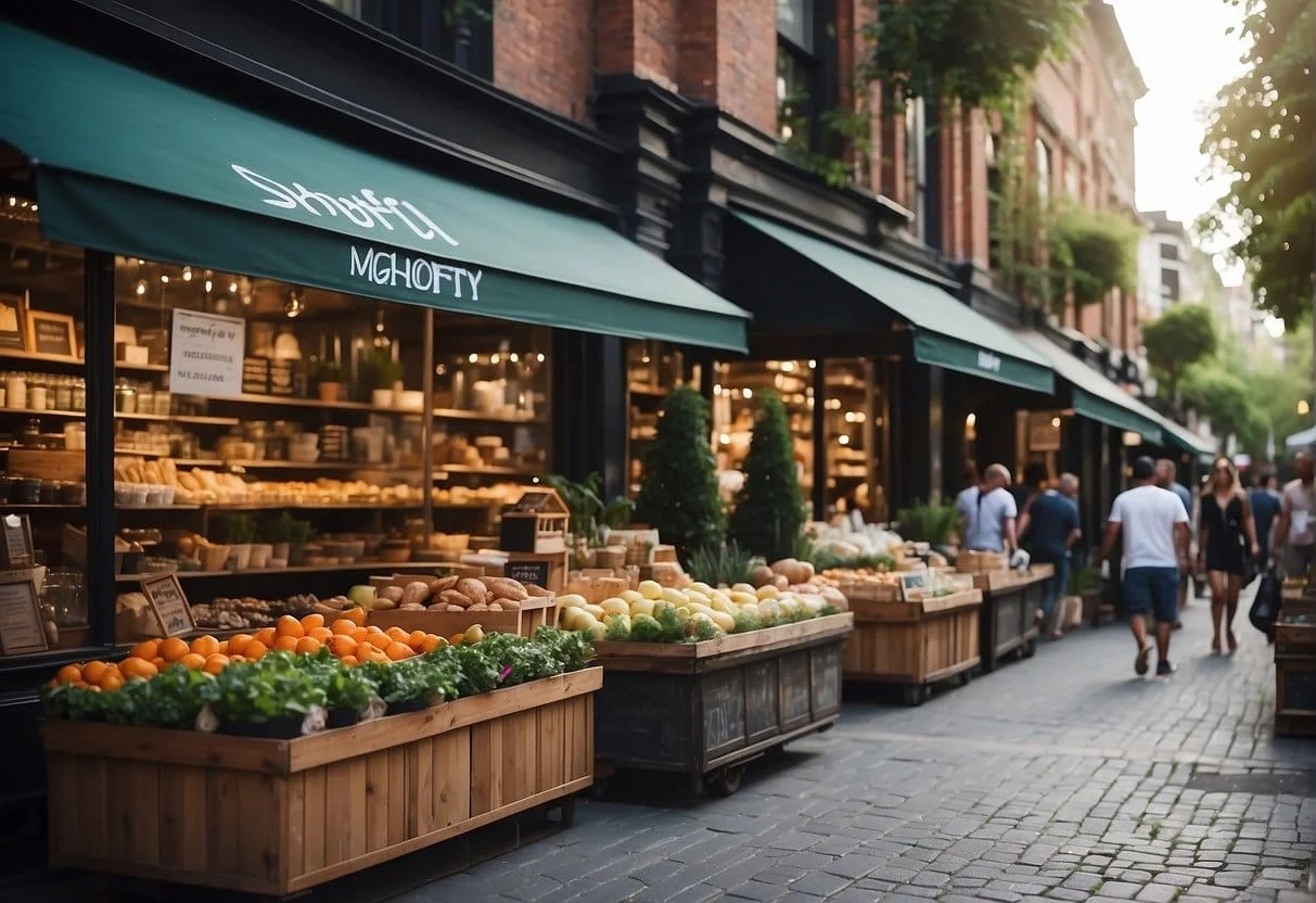 A bustling marketplace with two distinct storefronts, one labeled "Shopify" and the other "Magento," each vying for attention with vibrant displays and eager salespeople