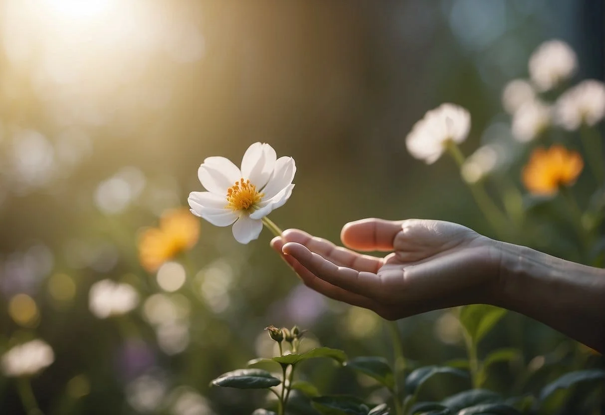 A hand reaching out to touch a delicate flower petal