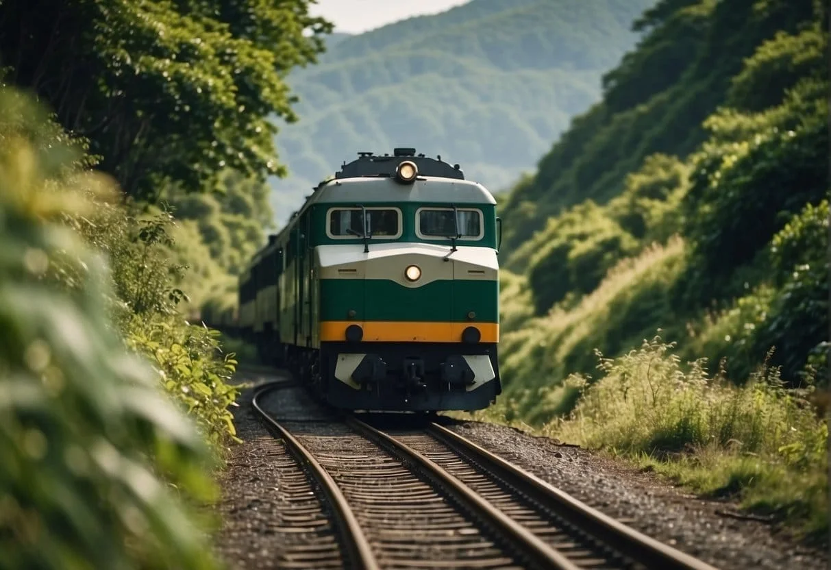 A train rushing through a lush green landscape, with a railway track curving through the scene and disappearing into the distance
