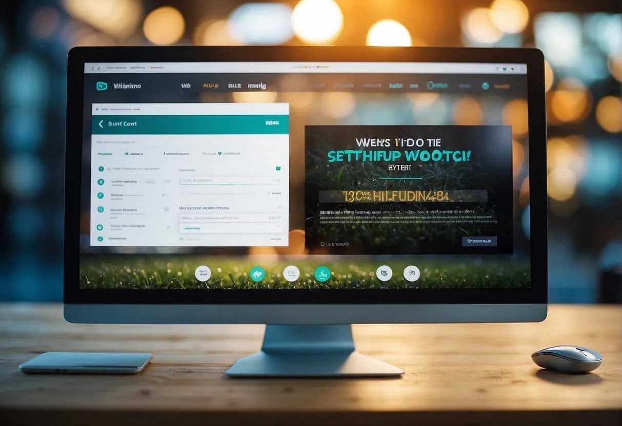 A computer screen showing two tabs open, one for WooCommerce and one for Shopify. Each tab displays the interface for setting up an online store