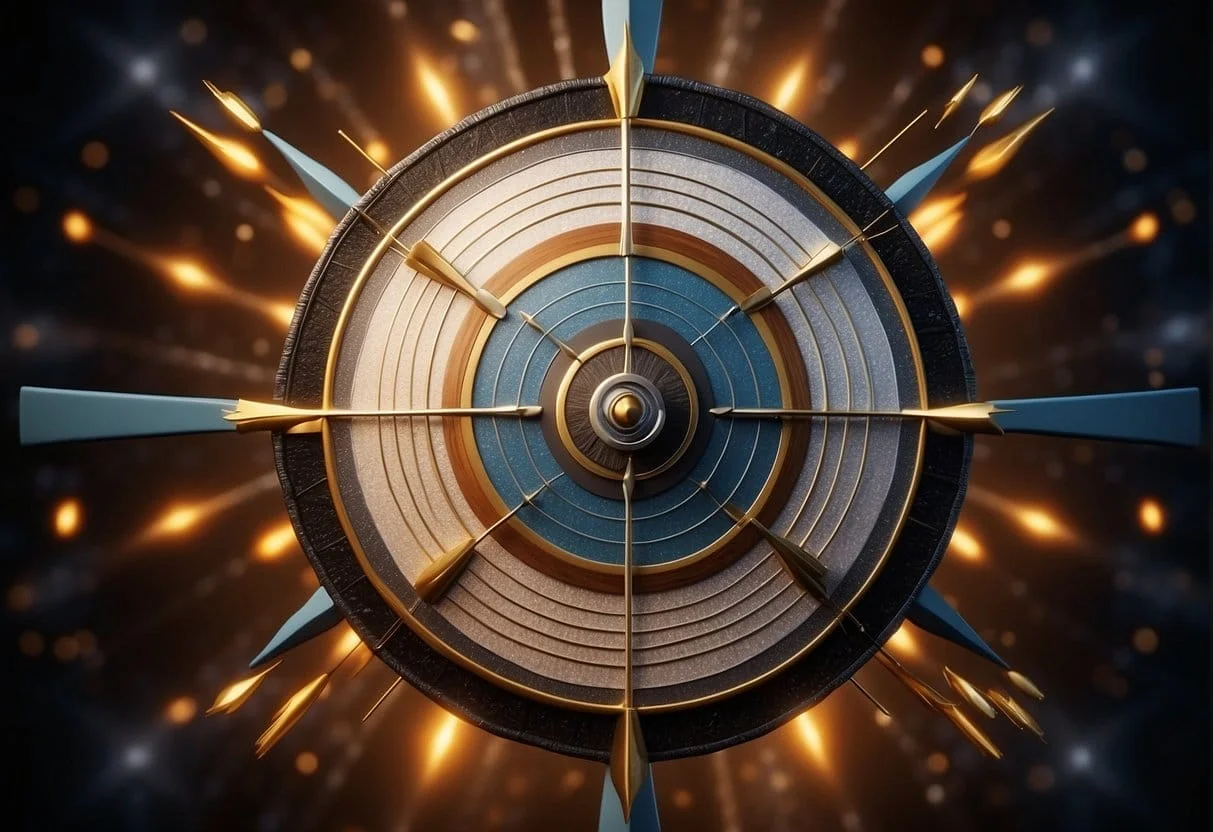 A bullseye with arrows hitting the center, surrounded by a web of interconnected lines representing strategic marketing tactics