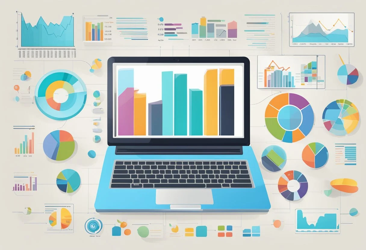 A laptop displaying various performance marketing channels, surrounded by charts and graphs