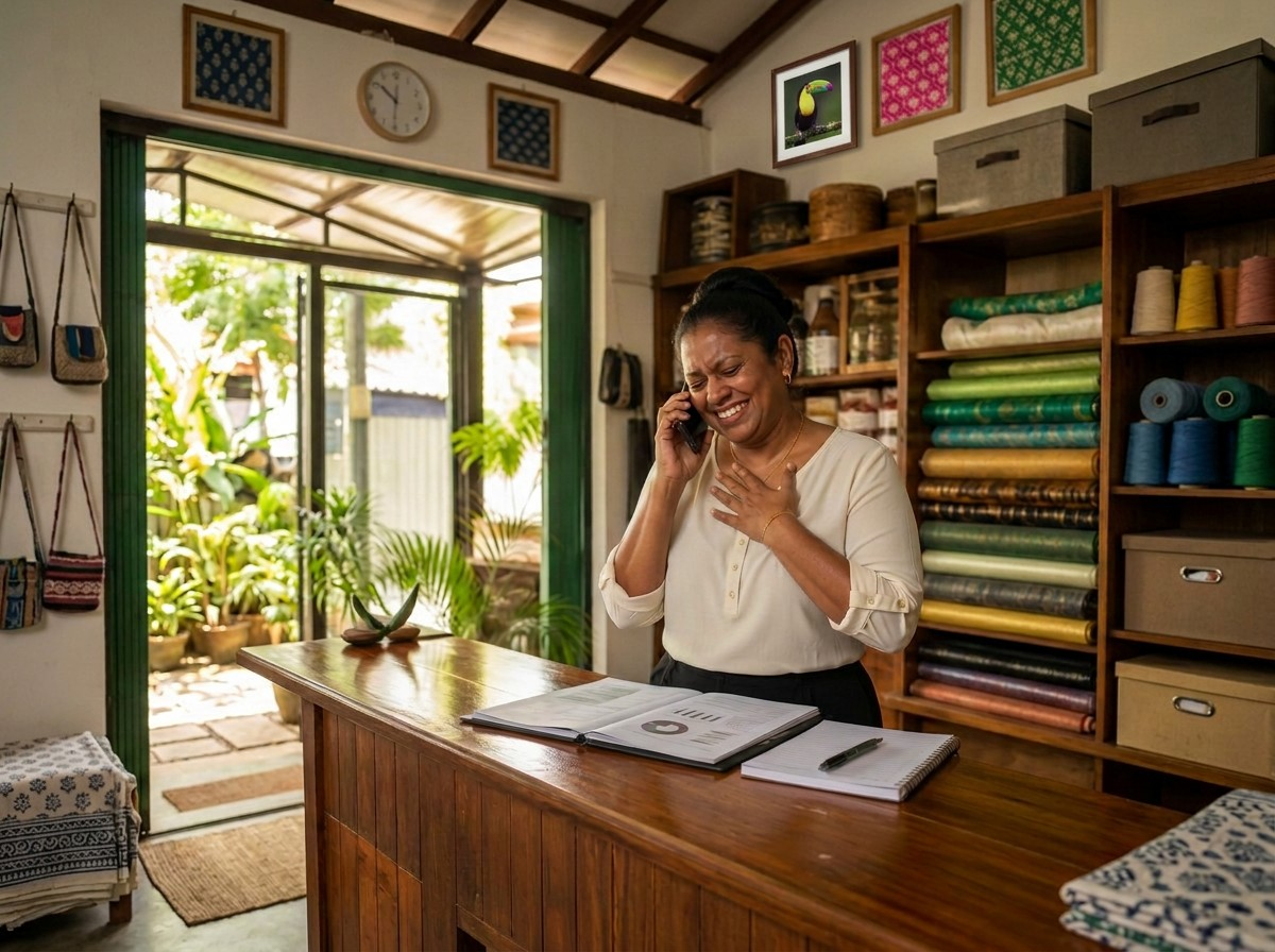 Guyanese textile-shop owner reviewing a business plan