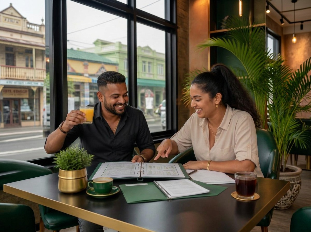 Guyanese couple reviewing business documents in a café