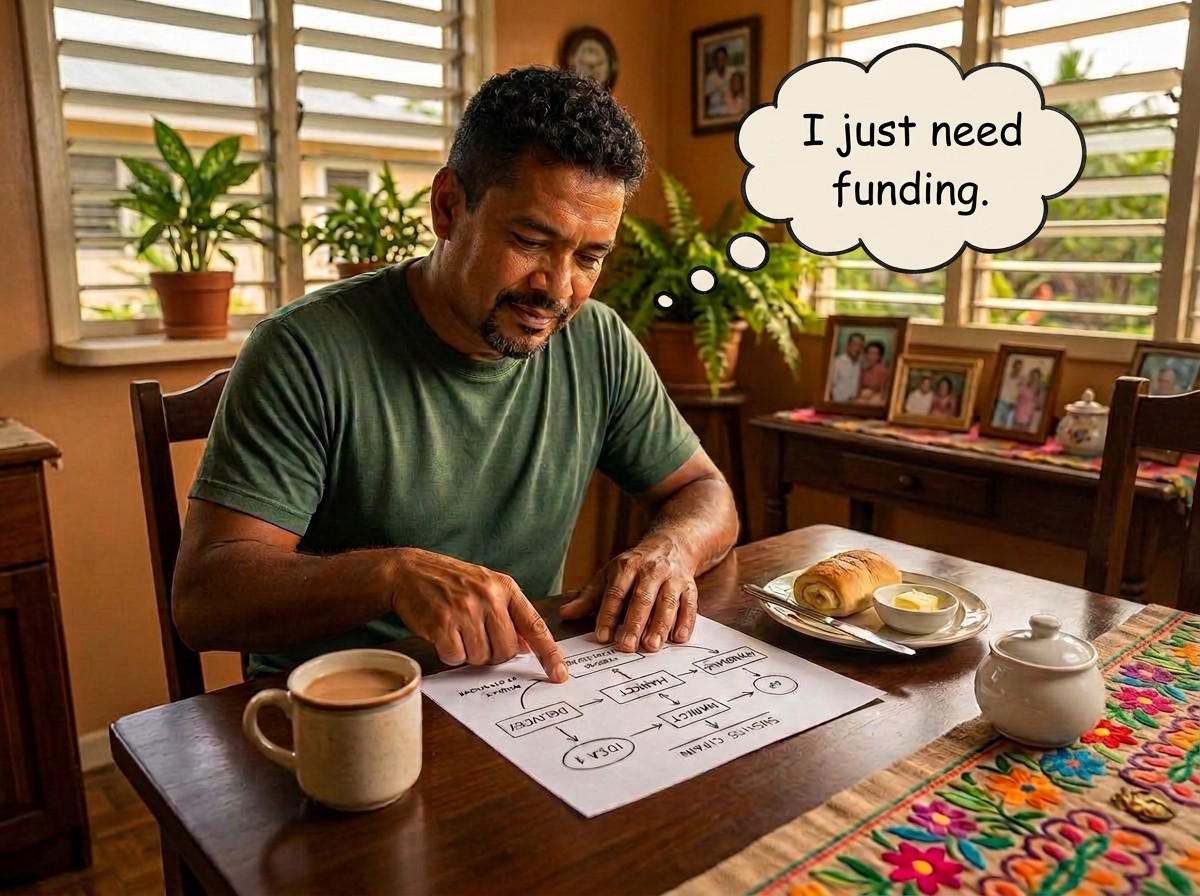 Prospective Guyanese entrepreneur developing a business idea and plan while seeking funding.