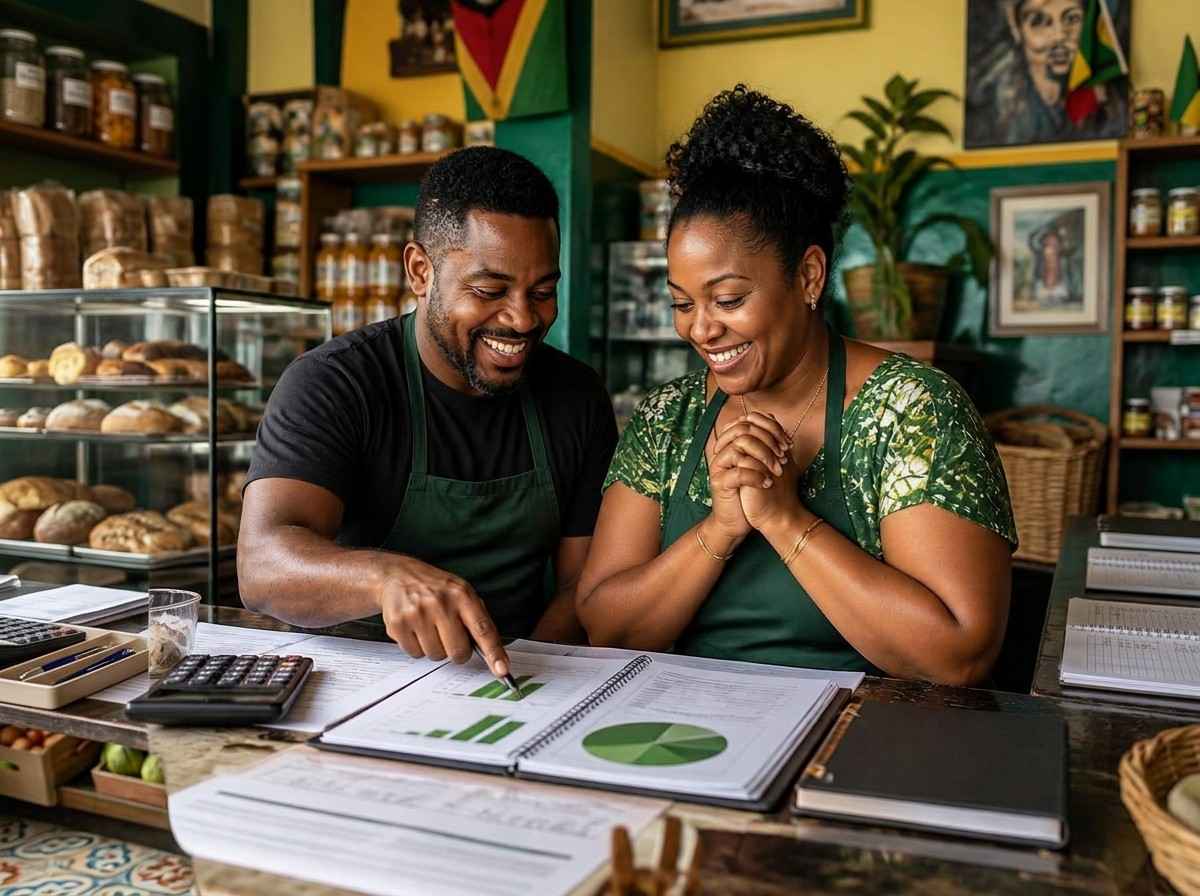 Two Guyanese bakery owners reviewing business-plan documents