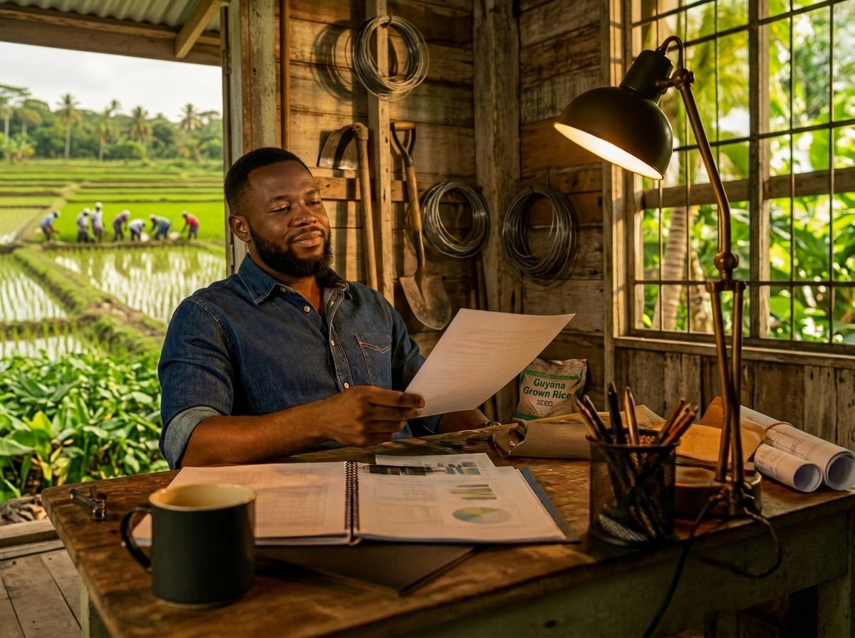 Guyanese agricultural entrepreneur reviewing a business plan