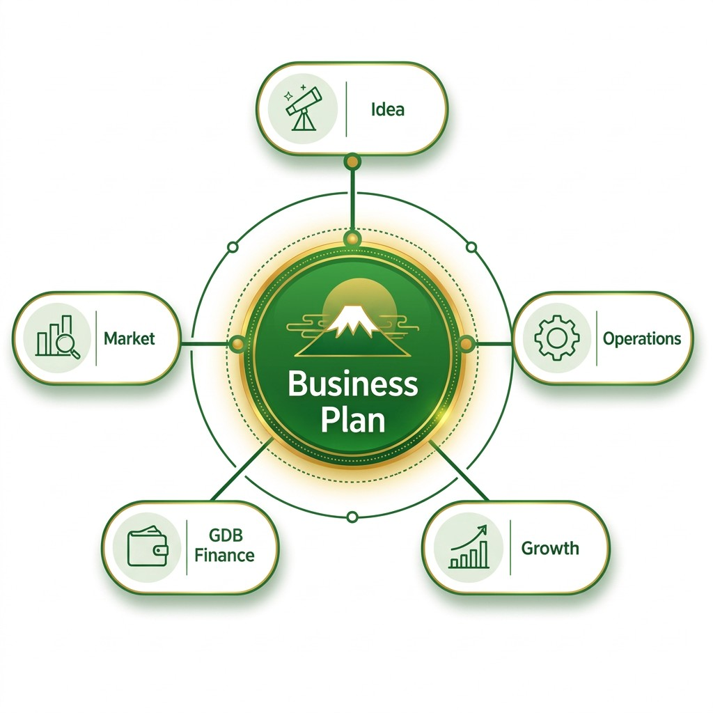 Business plan diagram connecting an idea with market, operations, GDB finance, and growth.
