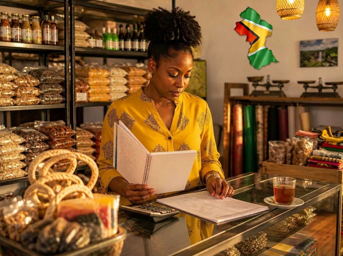 Guyanese shop owner reviewing business records
