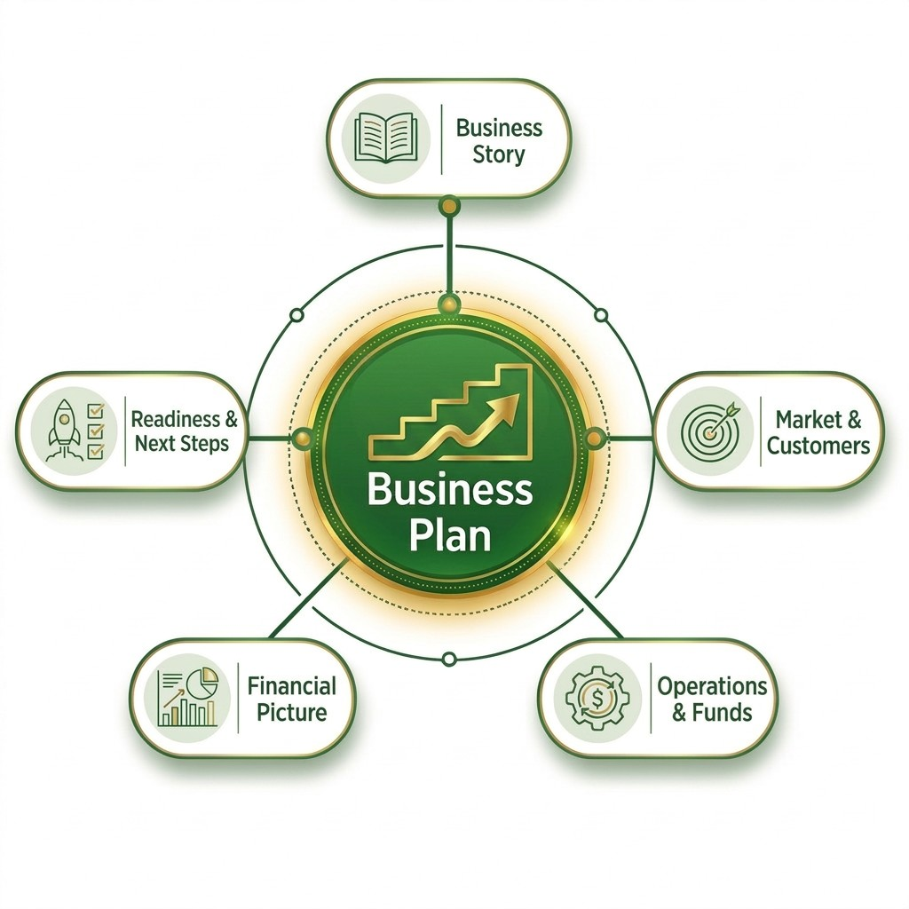 Central business plan connected to Business Story, Market & Customers, Operations & Funds, Financial Picture, and Readiness & Next Steps.