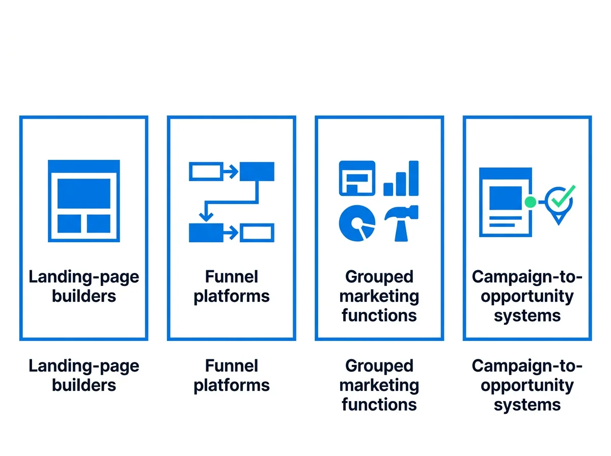 Four platform categories arranged by scope: landing-page builders, funnel platforms, CRM and marketing suites, and connected campaign systems