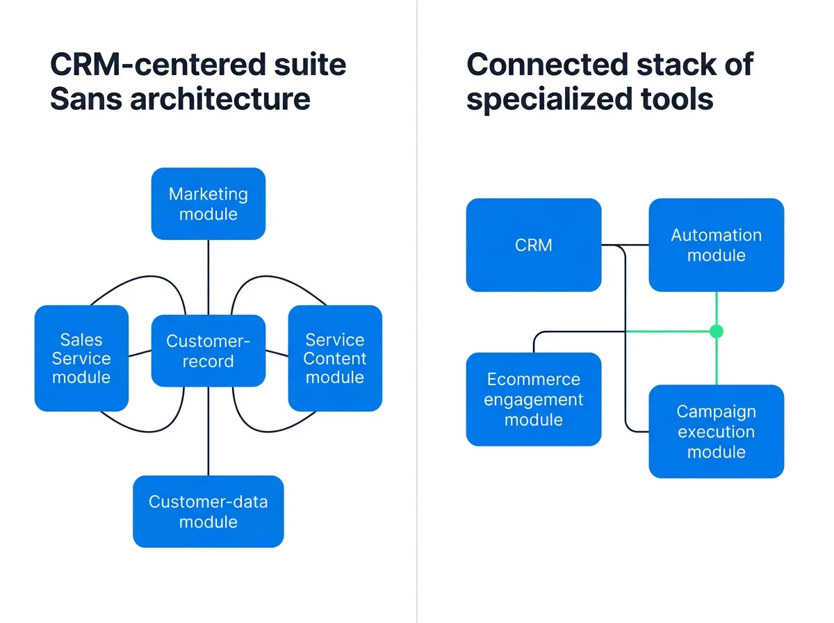 A CRM-centered suite beside a connected stack of specialized tools