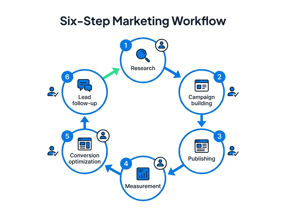 Six-step marketing workflow linking research, campaign building, publishing, measurement, conversion optimization, and lead follow-up, with feedback returning to research