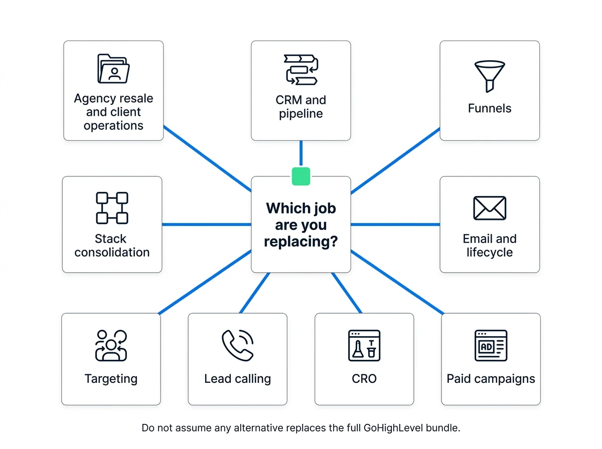 Eight job categories branching from a central GoHighLevel replacement decision
