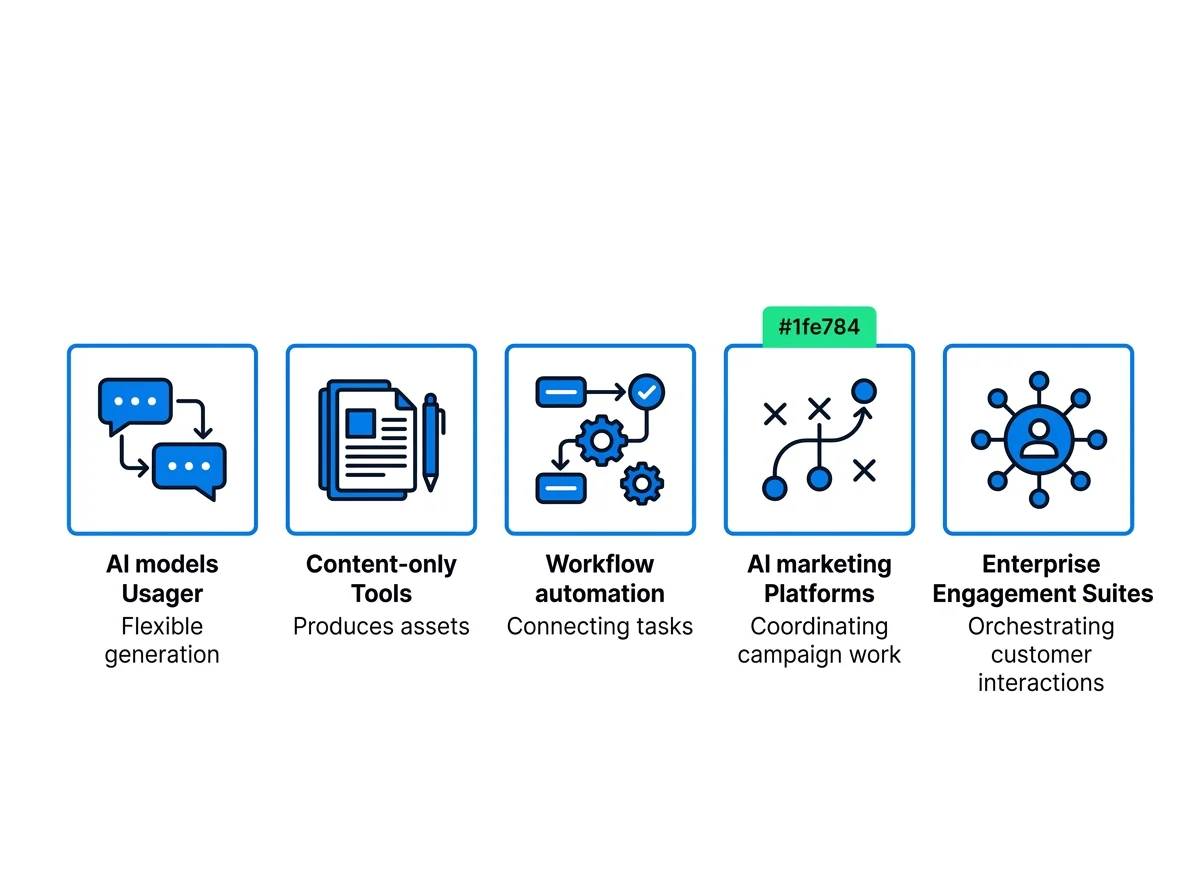 Five-category map distinguishing campaign-focused AI marketing platforms from general AI models, content tools, workflow automation, and enterprise engagement suites