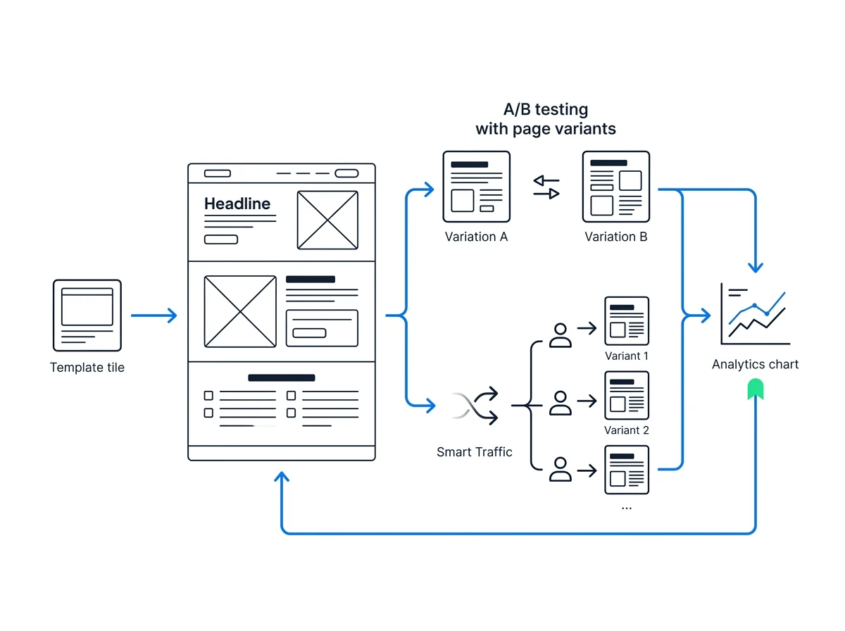 Landing-page creation and optimization loop connecting page building, publishing, measurement, testing, and improvement