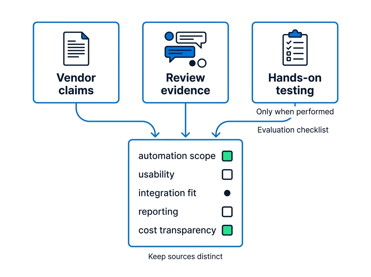 Vendor-published information, review evidence, and hands-on testing feeding a consistent platform evaluation checklist