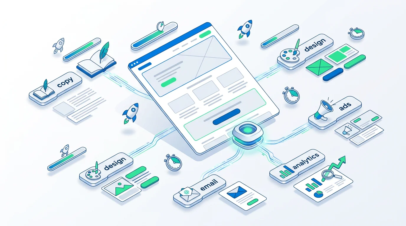 Coordinated AI specialists building connected marketing assets